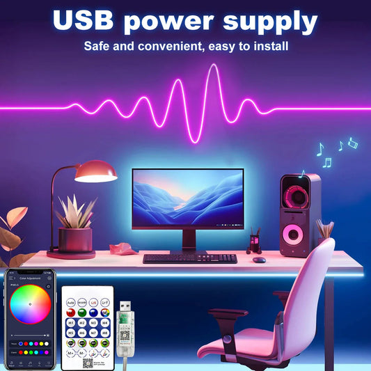 5V RGBIC Neon Strip Lights – USB Waterproof LED Ribbon with Bluetooth