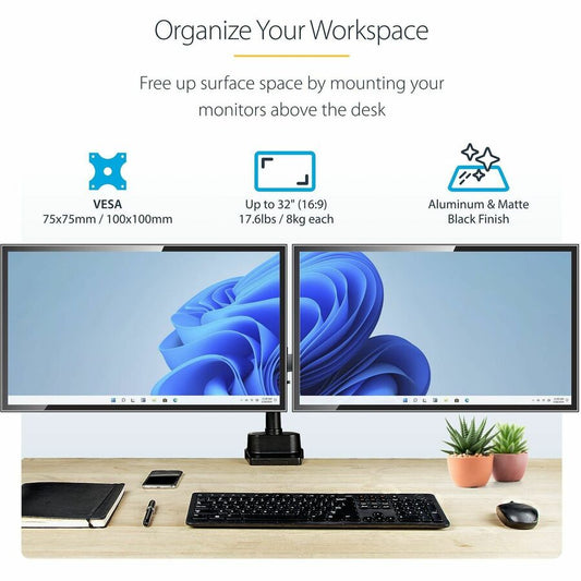 StarTech.com Desk Mount Dual Monitor Arm, Height Adjustable Full Motion Monitor Mount for 2x VESA Displays up to 32" (17.6lb/8kg)