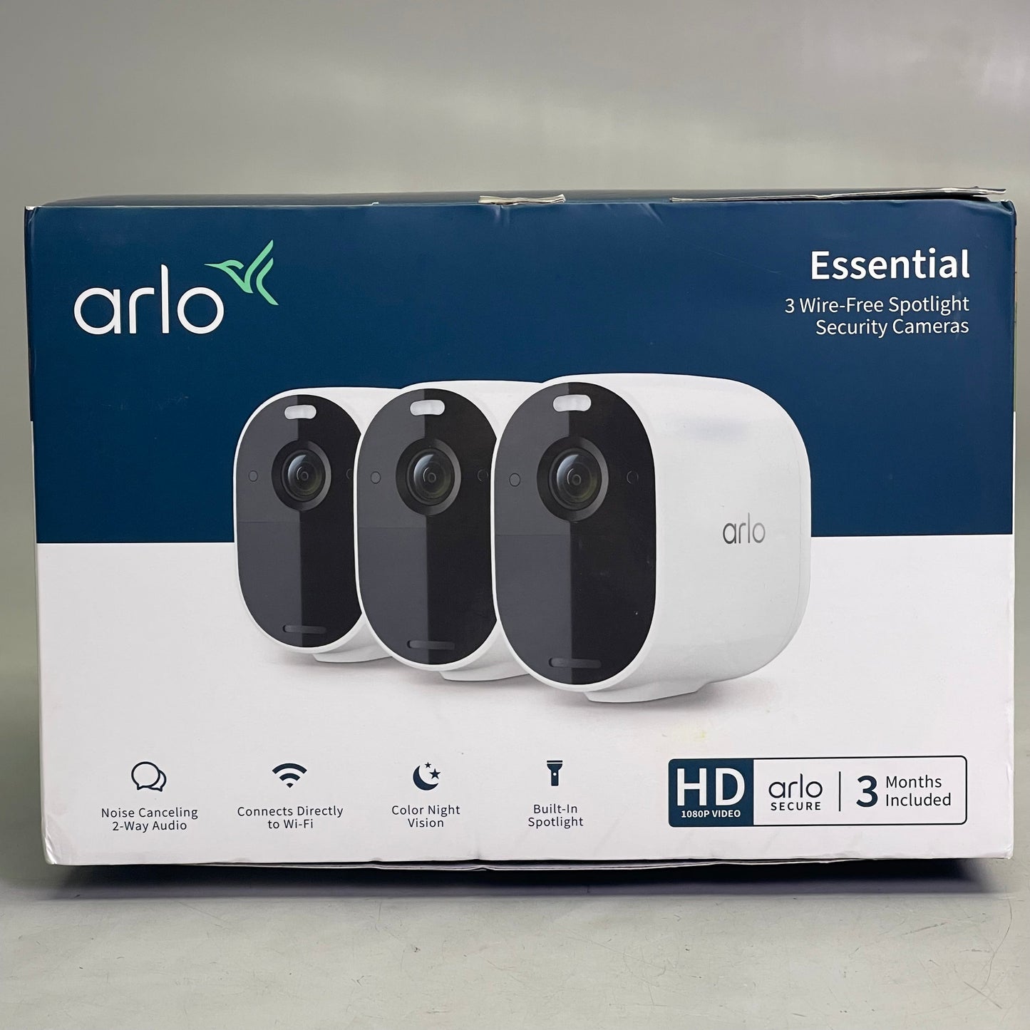ARLO (3 PACK) Essential Wire-Free Spotlight Security Cameras 130° FOV White VMC2330W-100NAS (Pre-Owned)