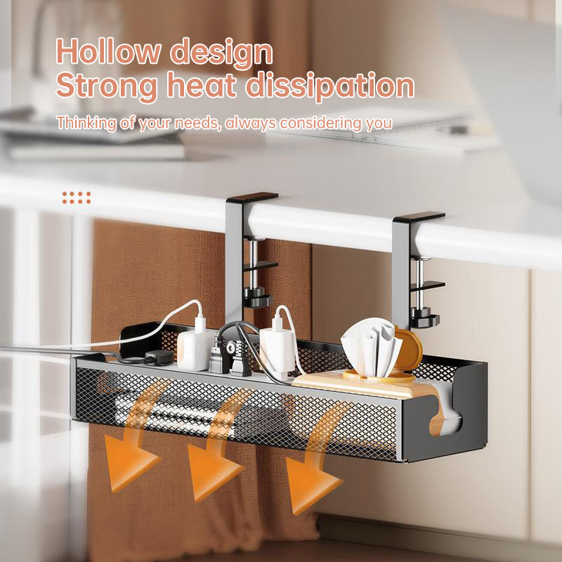 No-drill under-desk cord rack: metal mesh, high-load cable holder.
