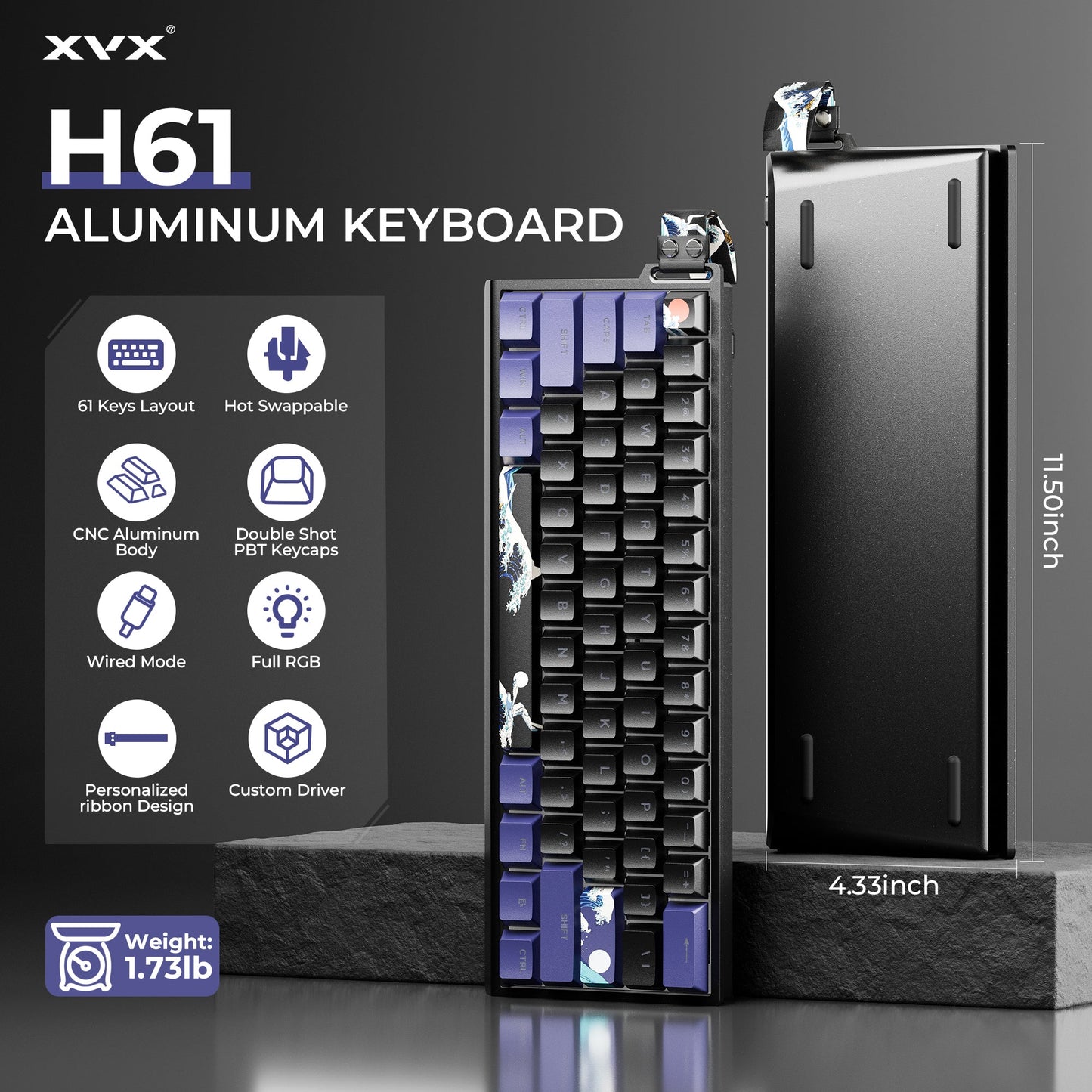 XVX H61 Kanagawa CNC Aluminum 60% Mechanical Keyboard Wired Hot Swap Switches Full RGB With PBT Keycaps