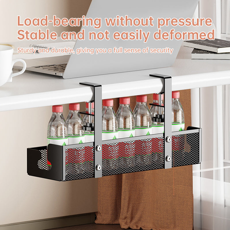 No-drill under-desk cord rack: metal mesh, high-load cable holder.