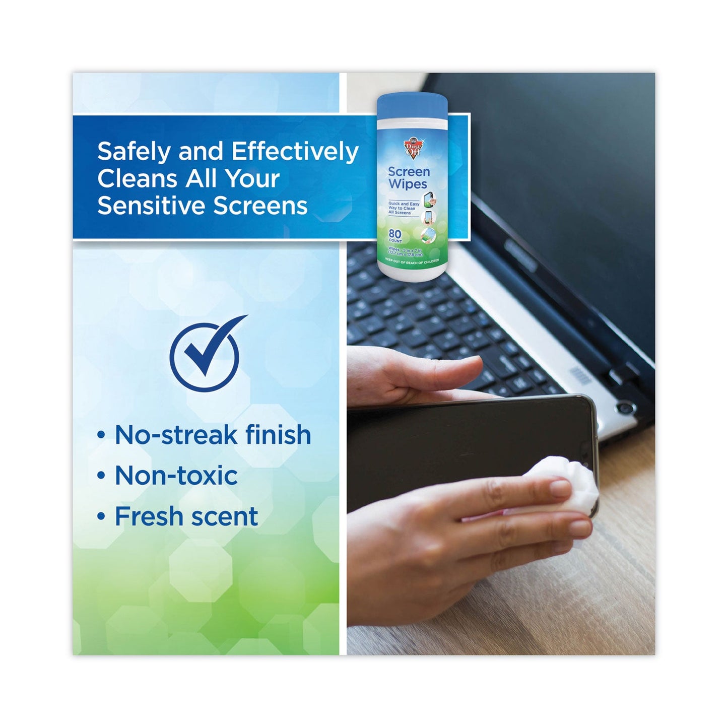 Dust-Off Premoistened Monitor Cleaning Wipes, Cloth, 5 x 7, 80/Tub