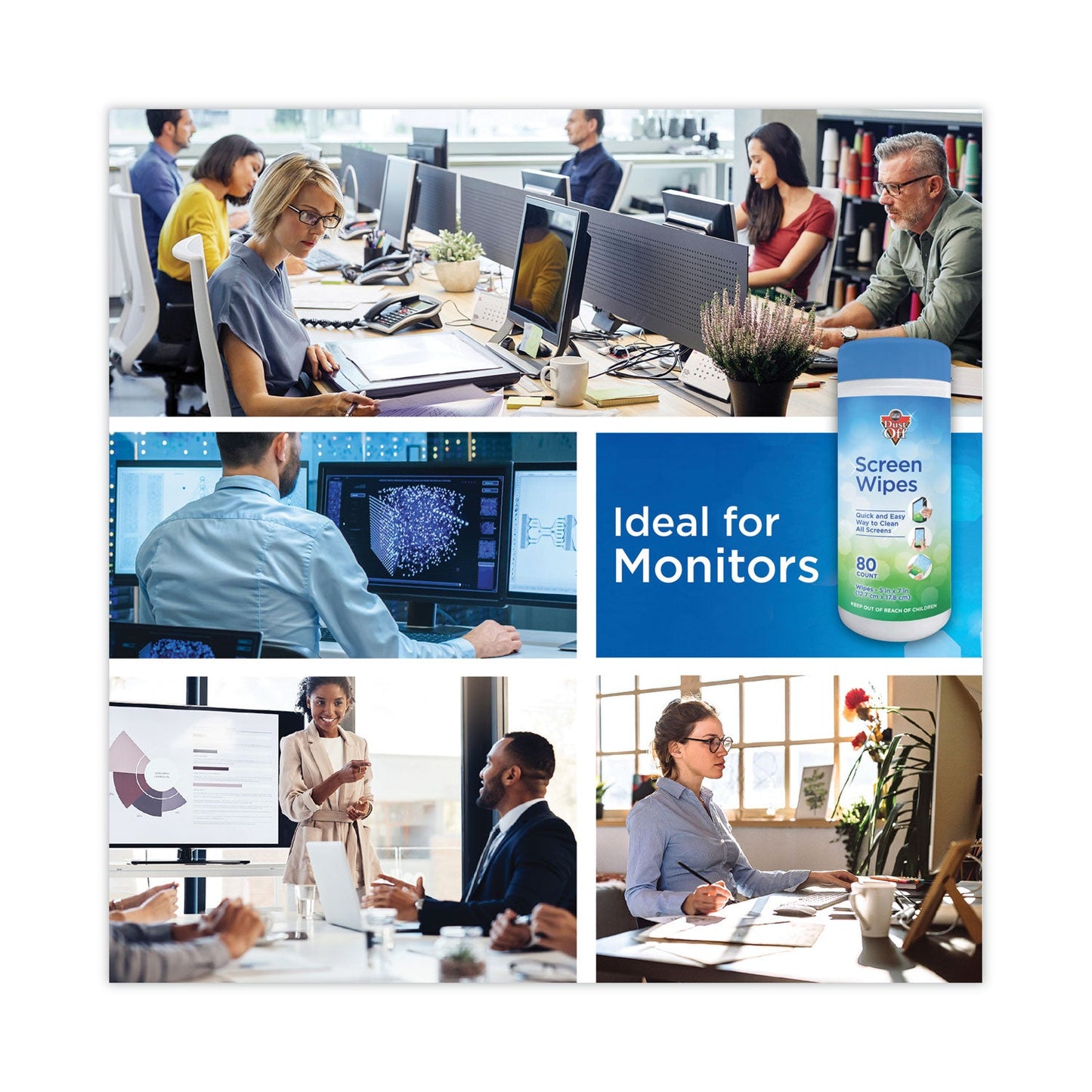 Dust-Off Premoistened Monitor Cleaning Wipes, Cloth, 5 x 7, 80/Tub