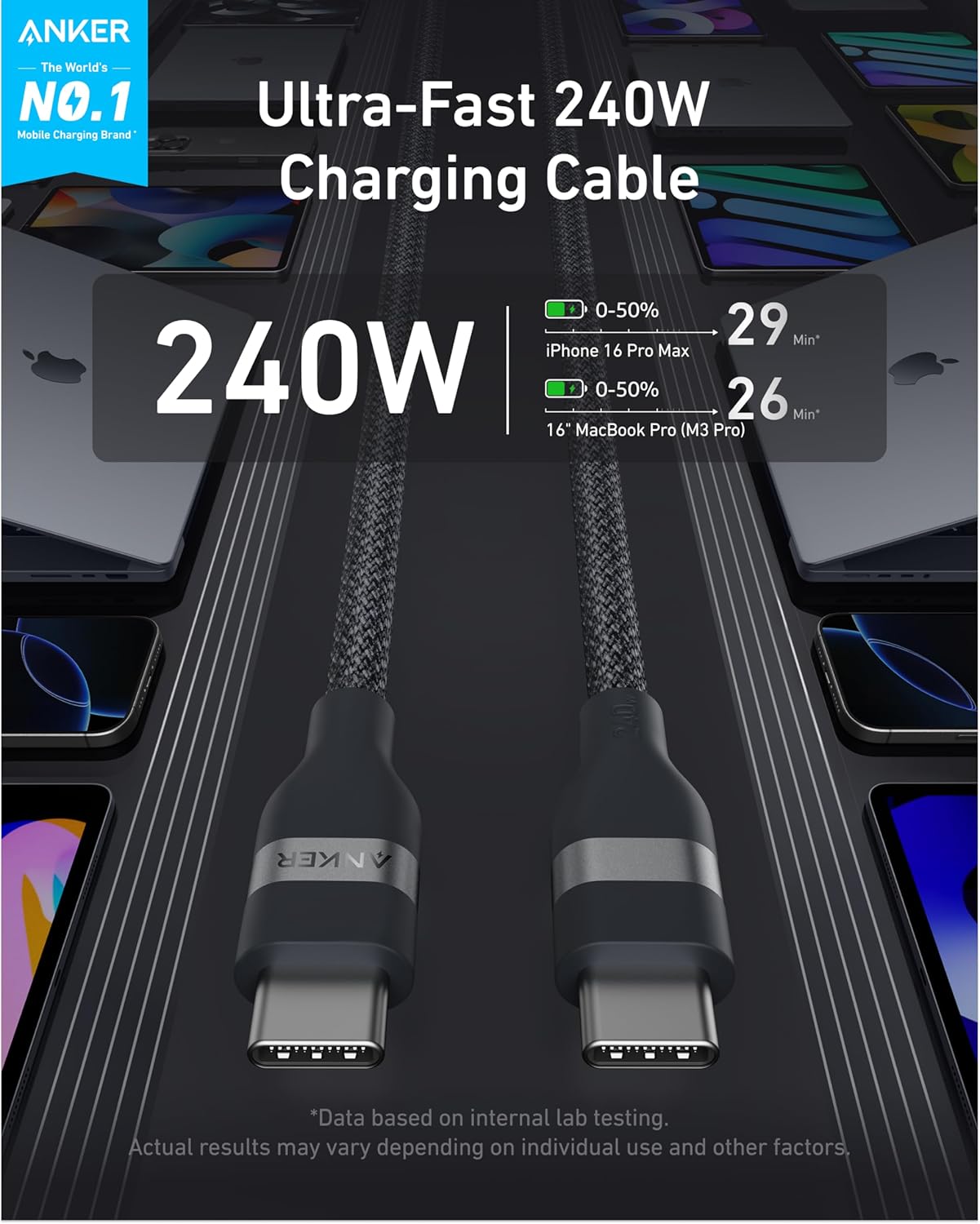 Anker USB-C to USB-C Cable (3 ft / 6 ft, 240W, Upcycled-Braided)