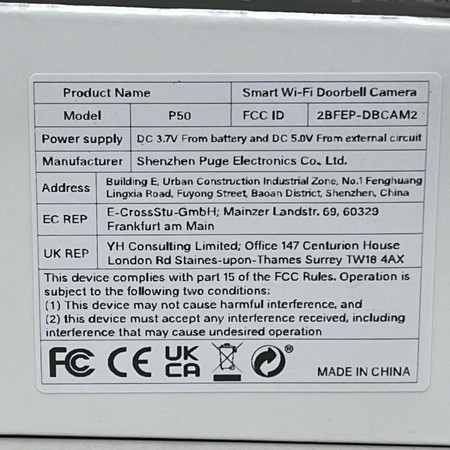 SHENZHEN PUGE ELECTRONICS Wireless Smart 2.4 GHz Wi-Fi Doorbell Camera P50 Black